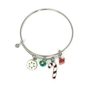 Christmas Holiday Themed Expandable Charm Bangle Silver Finish